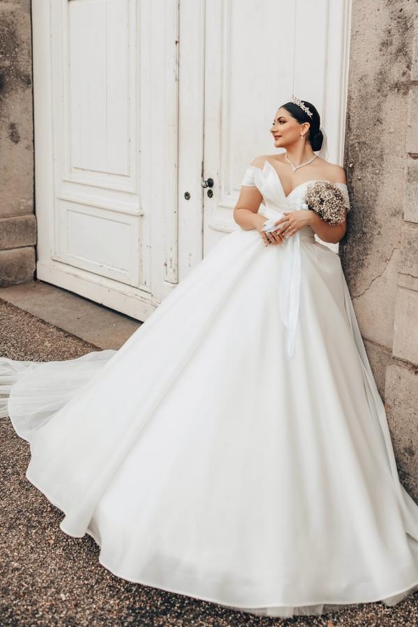Plus Size Long A-line Off the Shoulder Open Back Wedding Dress with Ruffle