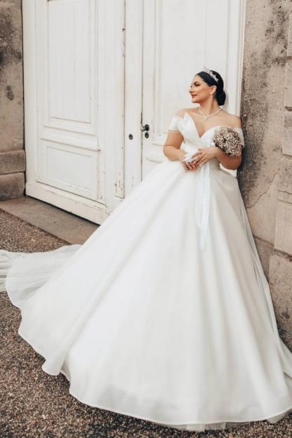 Plus Size Long A-line Off the Shoulder Open Back Wedding Dress with Ruffle