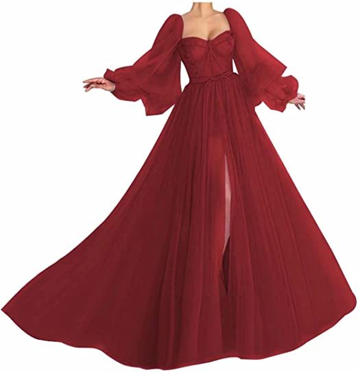 Awesome Long Sleeves A-line Sweetheart Tulle Prom Dress with Slit