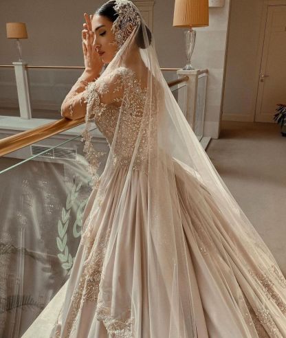 Gorgeous Sweetheart Long Sleeve Beading Satin A-line Wedding Dress