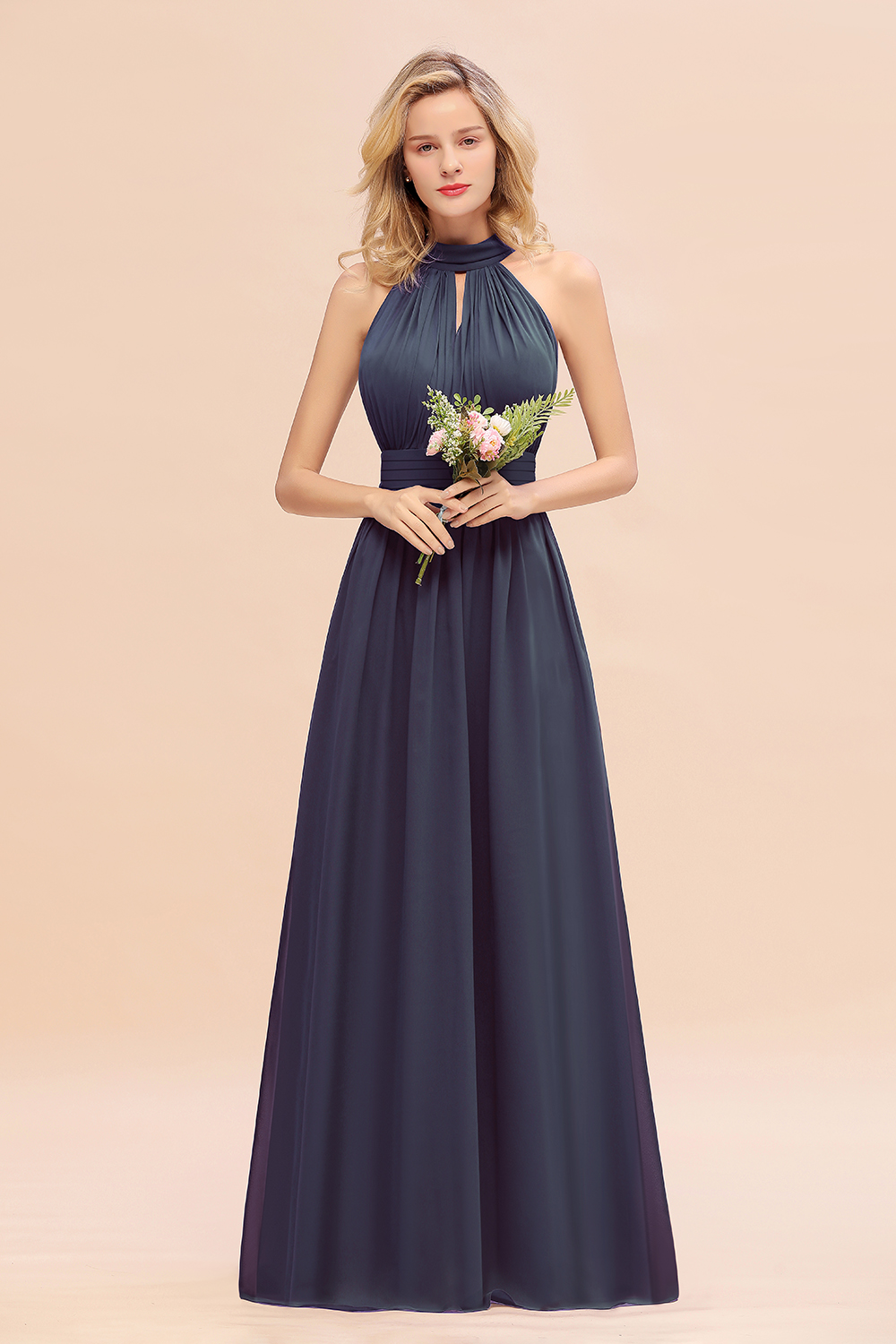 BM0758 Glamorous High-Neck Halter Bridesmaid Affordable Dresses with Ruffle