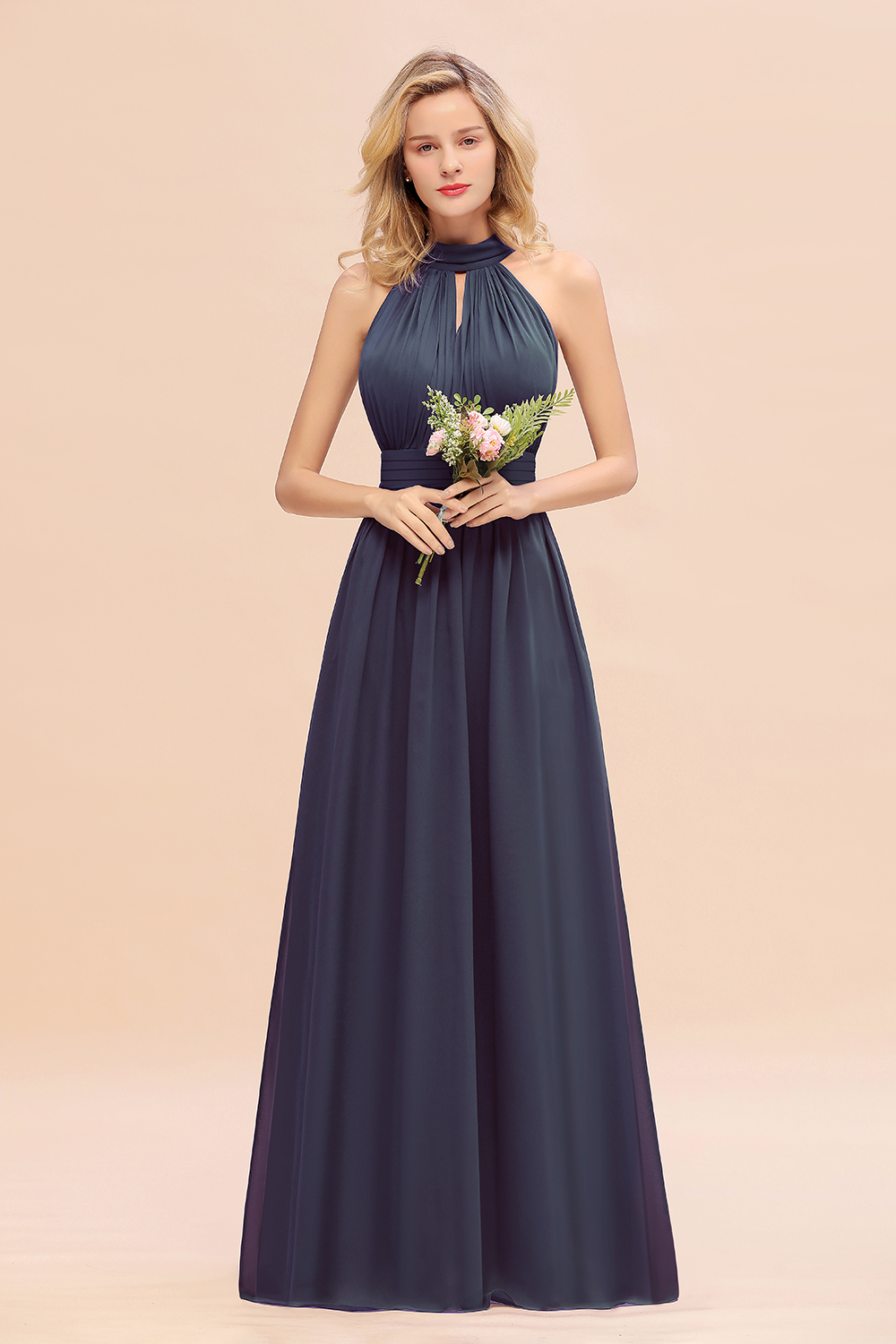 BM0758 Glamorous High-Neck Halter Bridesmaid Affordable Dresses with Ruffle