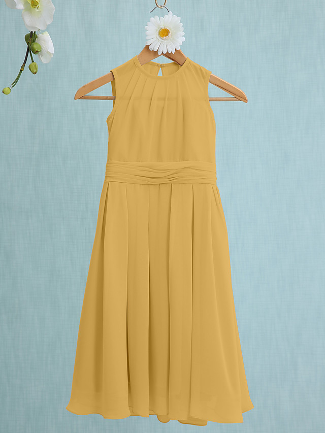 Sky Blue Long A-line Jewel Neck Knee Length Chiffon Junior Bridesmaid Dress