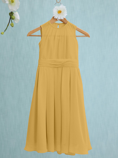 Sky Blue Long A-line Jewel Neck Knee Length Chiffon Junior Bridesmaid Dress