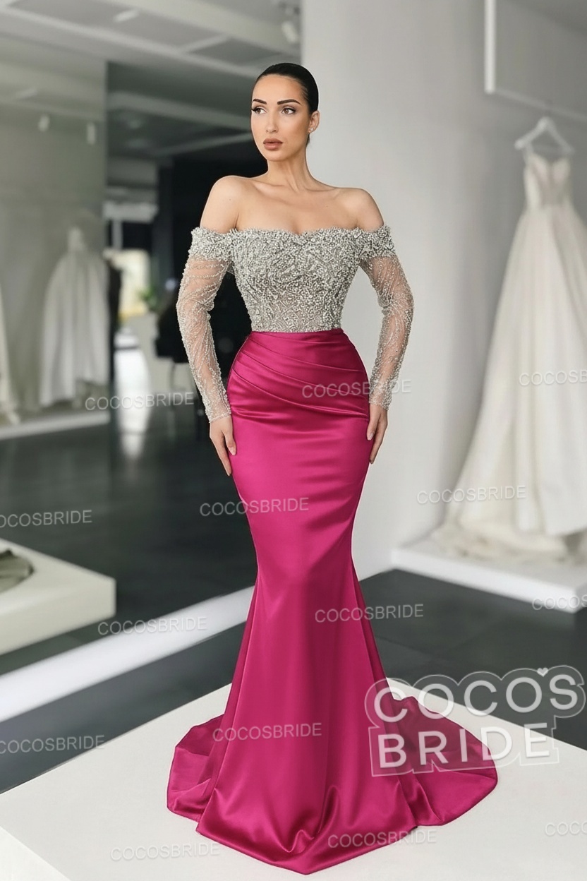 Long Mermaid Off the Shoulder Satin Prom Dress with Sleeves