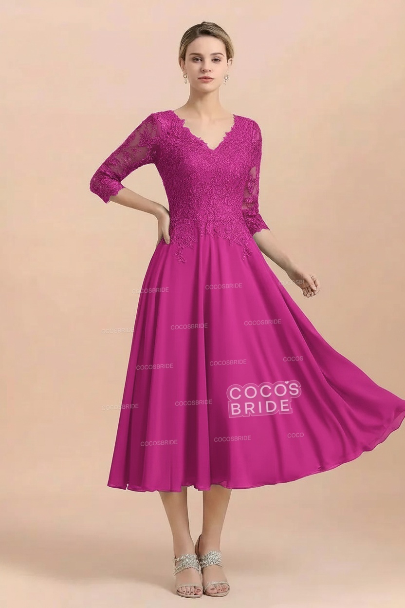 A-Line V-Neck 3/4 Sleeves Chiffon Short Mother Of The Bride Dresses With Lace