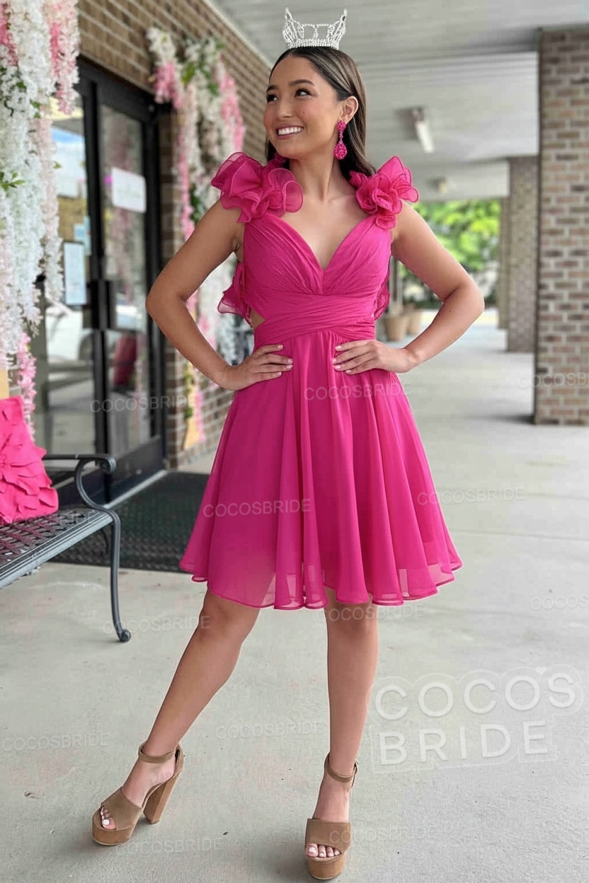 V-Neck Sky Blue Short Chiffon A-Line Party Dress
