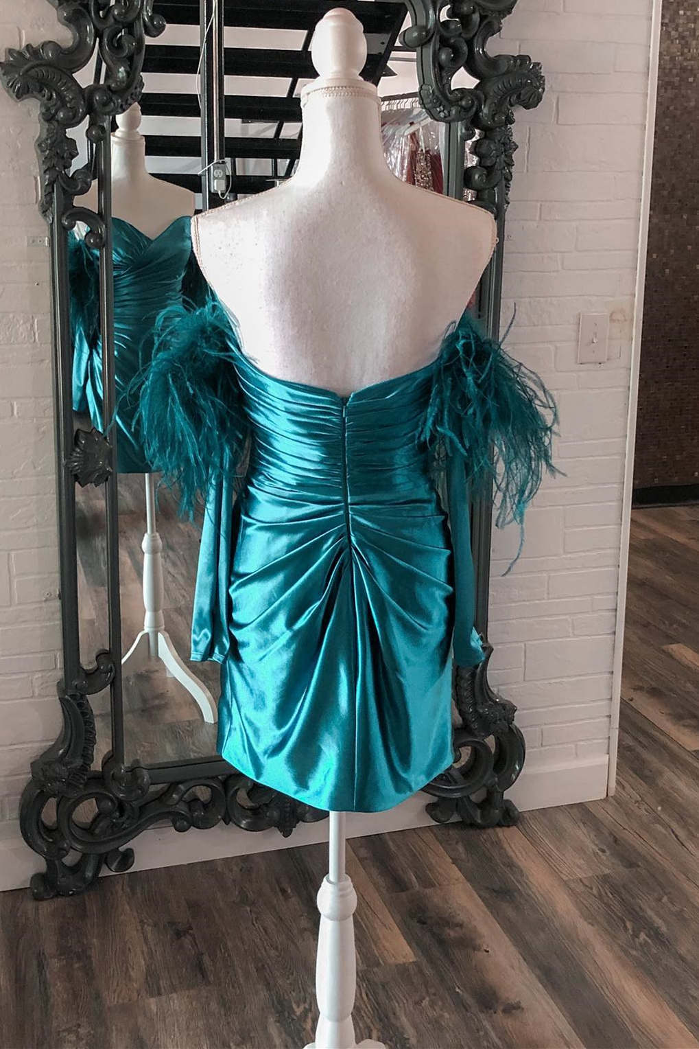 Ruched Blue Strapless Bodycon Homecoming Dress with Long Sleeves