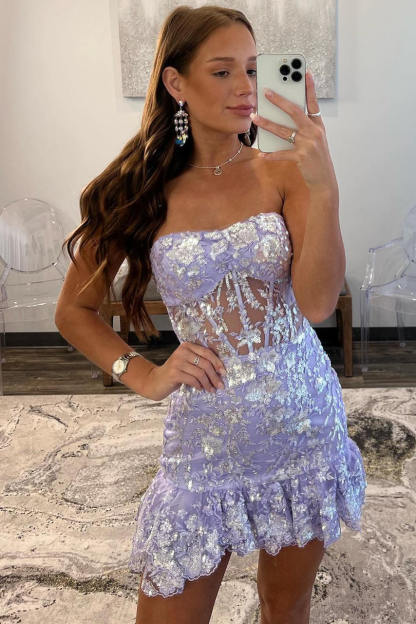 Strapless Lavender Sequin Appliques Short Homecoming Dress with Ruffle Hem