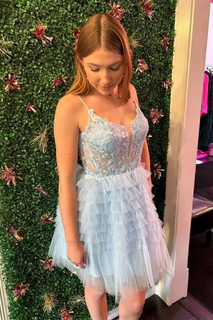Straps Light Blue Sheer Corset A-Line Ruffle Homecoming Dress