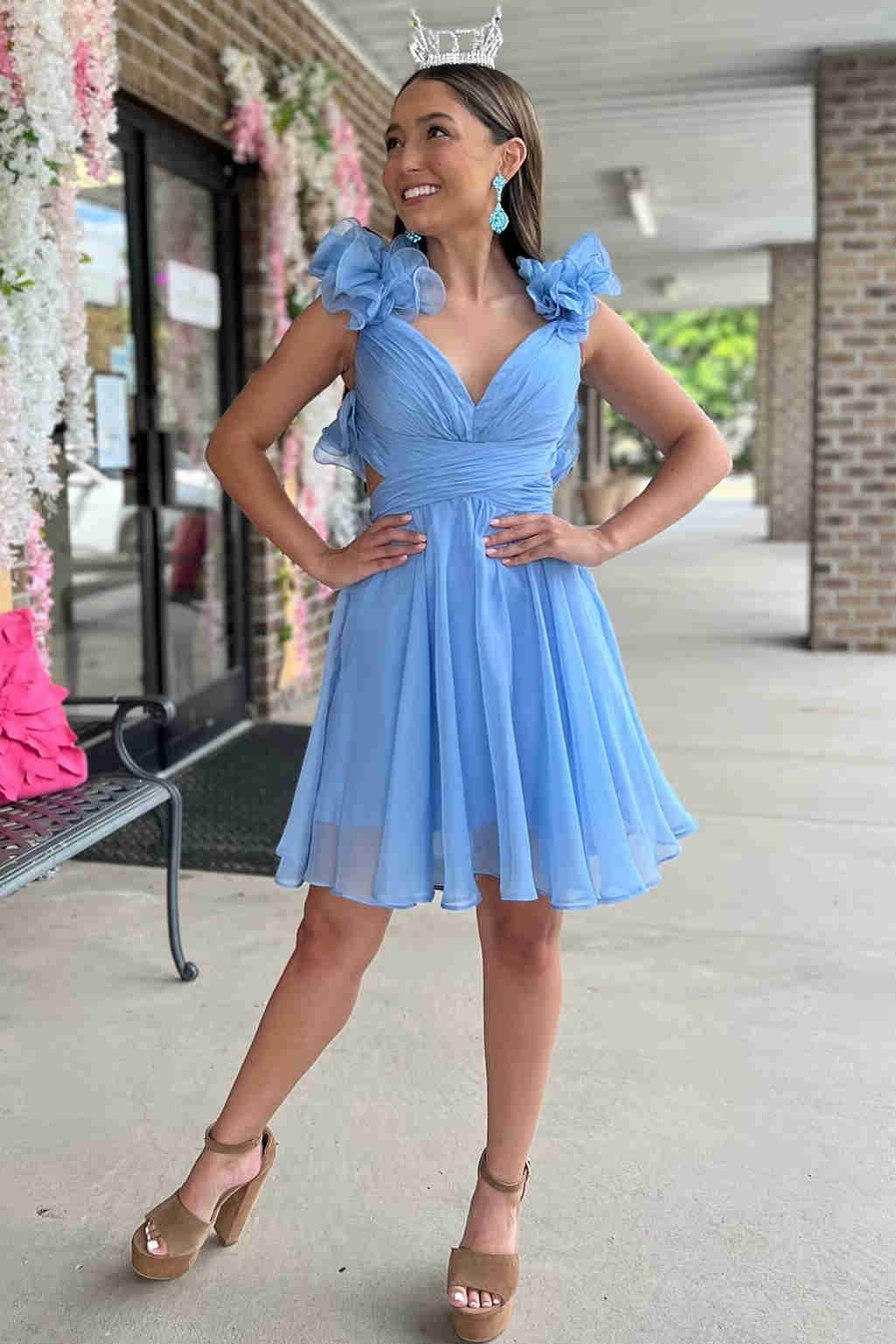 knee length dresses for ladies Dressime A Line Spaghetti Straps Tulle Short/Mini Party Dress With 3D –  dressime main image 1