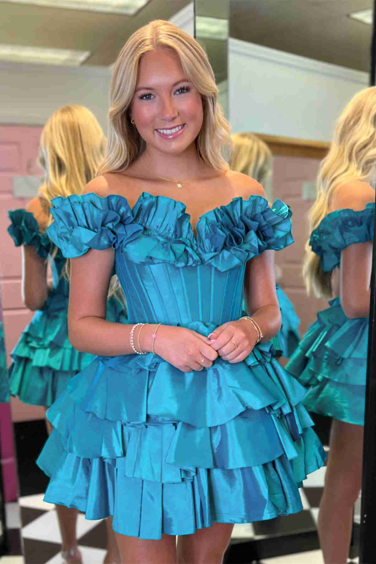 Off the Shoulder Fuchsia Tiered A-Line Homecoming Dress