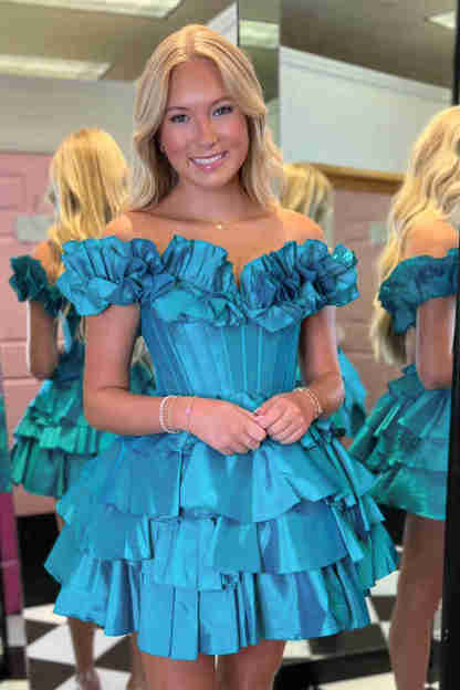Off the Shoulder Fuchsia Tiered A-Line Homecoming Dress