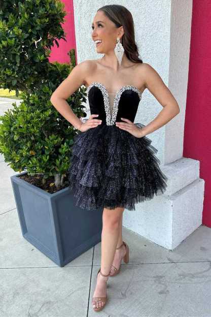 Strapless Black Velvet Beaded Short Tiered Homecoming Dress