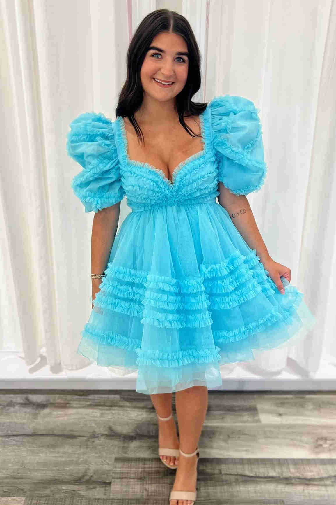yellow and blue dress Sky Blue Sequined Strapless Layered Homecoming Prom Dress main image 0