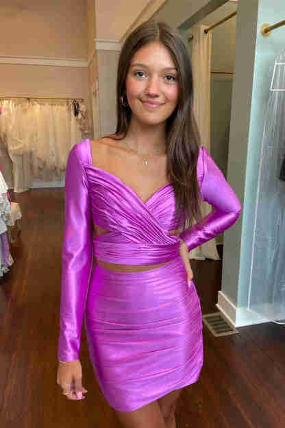 Lilac V-Neck Pleated Two Piece Short Dress with Long Sleeves