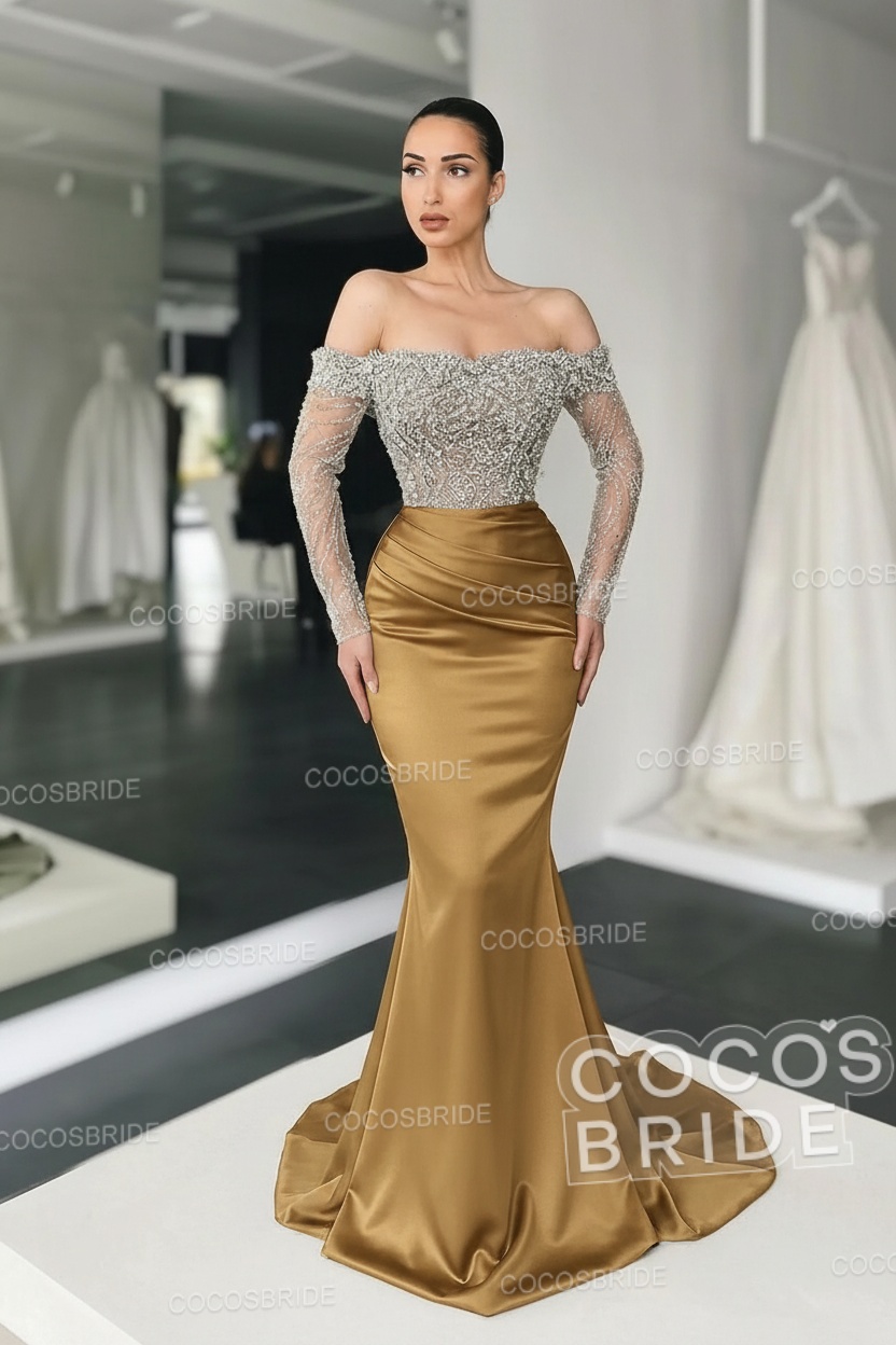 Long Mermaid Off the Shoulder Satin Prom Dress with Sleeves