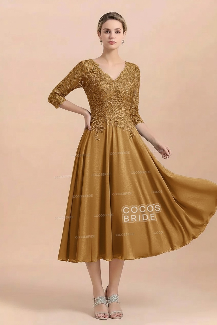 A-Line V-Neck 3/4 Sleeves Chiffon Short Mother Of The Bride Dresses With Lace