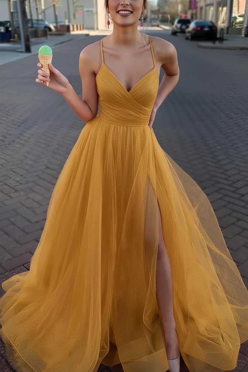 Long Spaghetti Straps V-neck A-Line Tulle Prom Dress With Side Slit