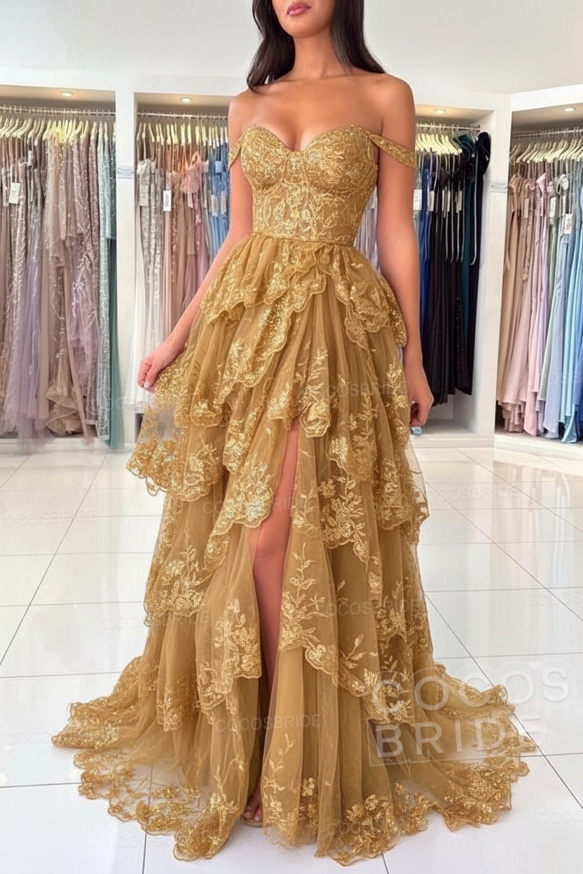 Off The Shoulder Sweetheart Lace A-Line Long Prom Dress with Slit