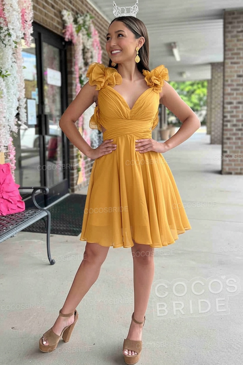 V-Neck Sky Blue Short Chiffon A-Line Party Dress