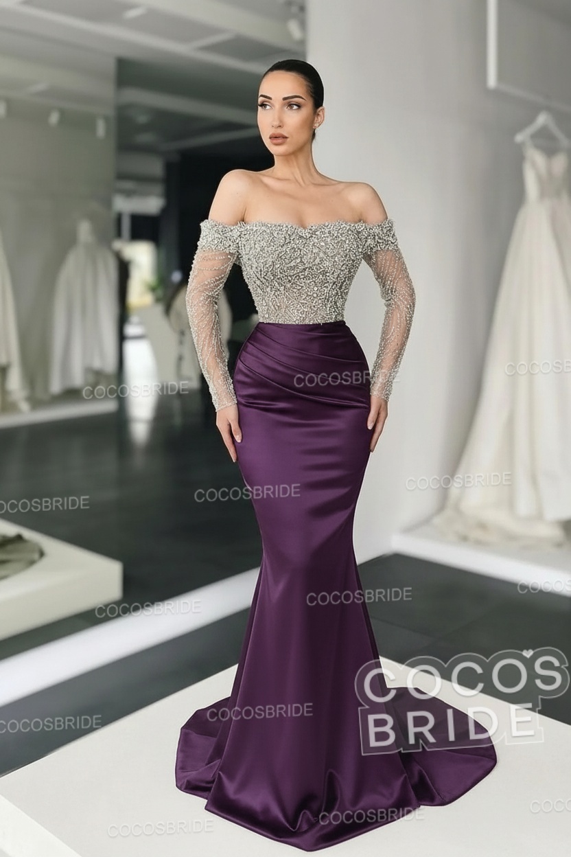 Long Mermaid Off the Shoulder Satin Prom Dress with Sleeves