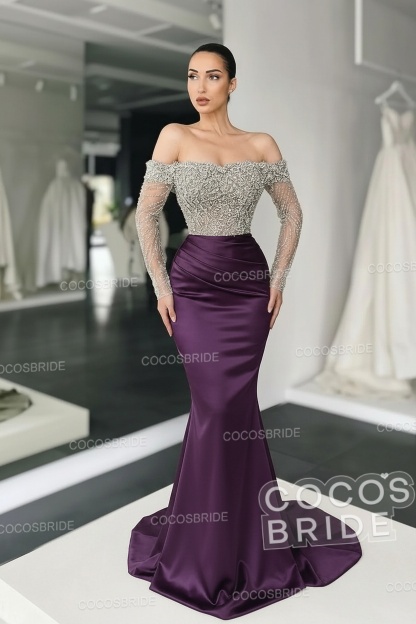 Long Mermaid Off the Shoulder Satin Prom Dress with Sleeves