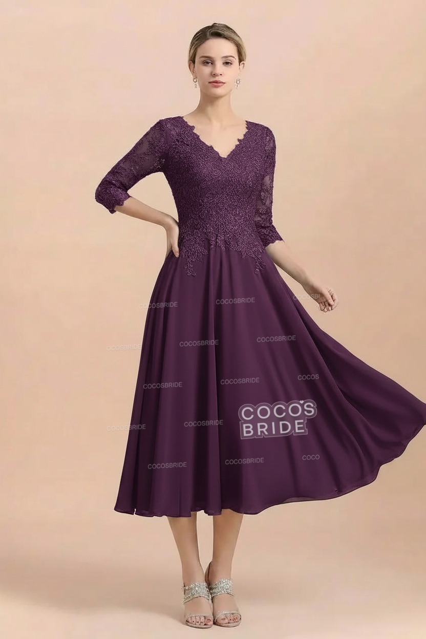 A-Line V-Neck 3/4 Sleeves Chiffon Short Mother Of The Bride Dresses With Lace