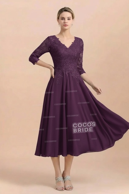 A-Line V-Neck 3/4 Sleeves Chiffon Short Mother Of The Bride Dresses With Lace
