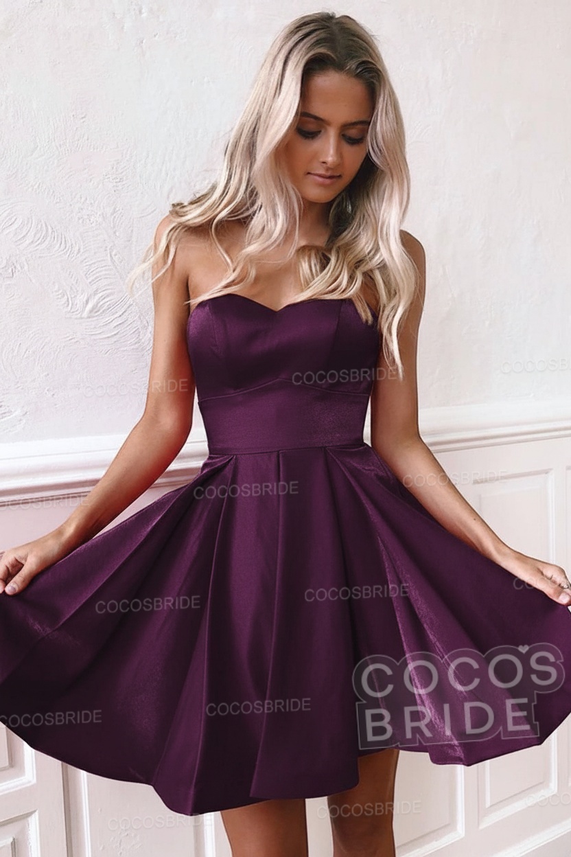 Cute A-line Strapless Red Short Satin Homecoming Dress
