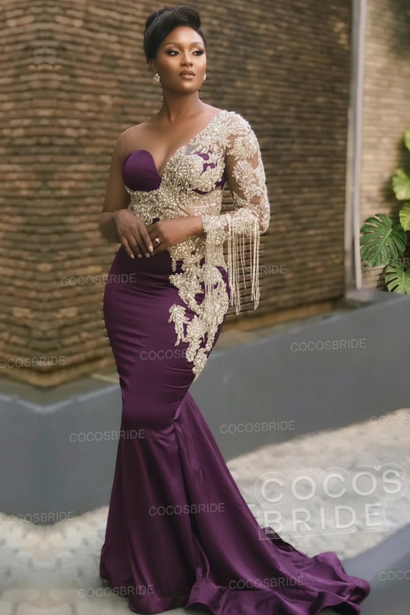 Long Mermaid Appliques One Shoulder Floor Length Formal Evening Dress
