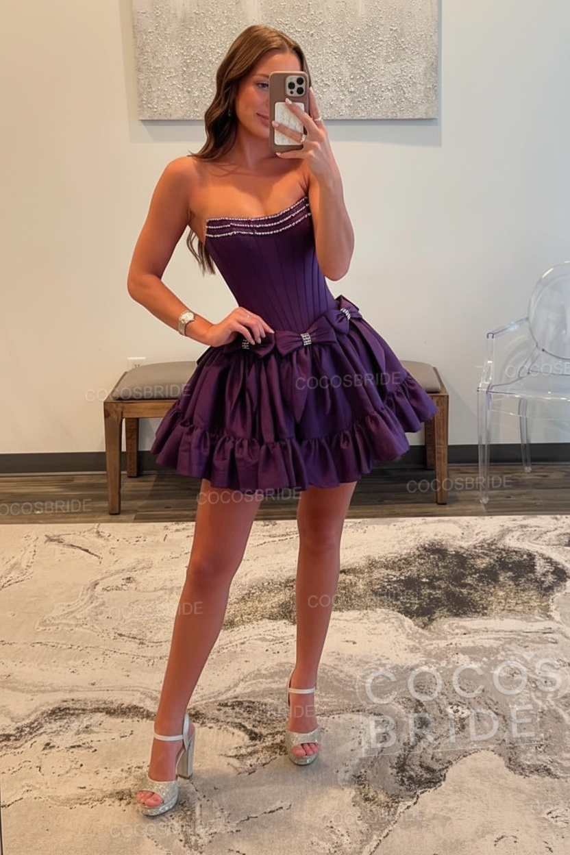 Fuchsia Strapless A Line Short Homecoming Dress With Bows