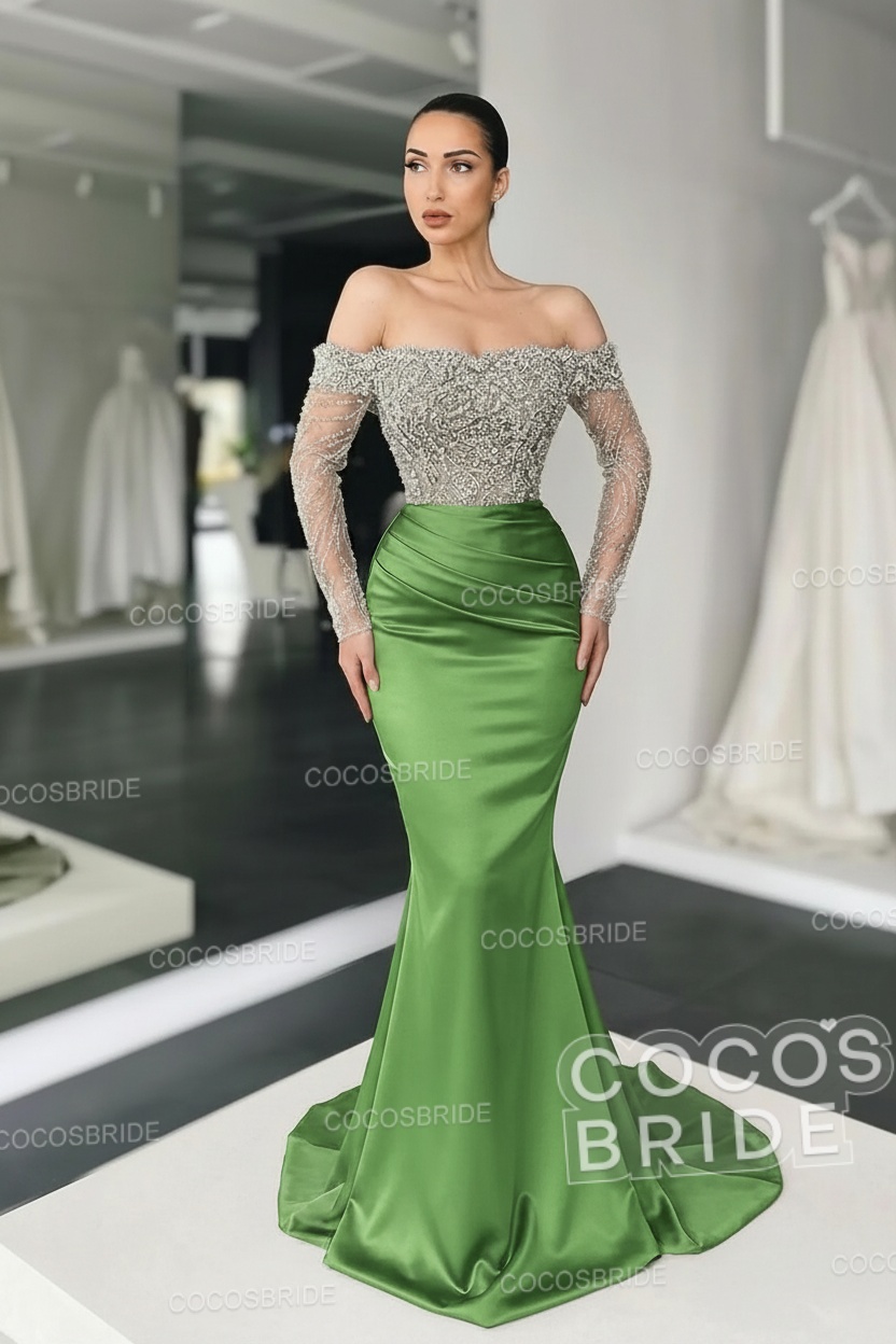 Long Mermaid Off the Shoulder Satin Prom Dress with Sleeves