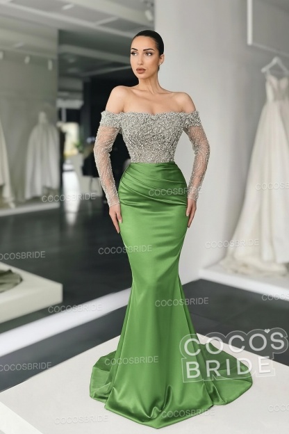 Long Mermaid Off the Shoulder Satin Prom Dress with Sleeves
