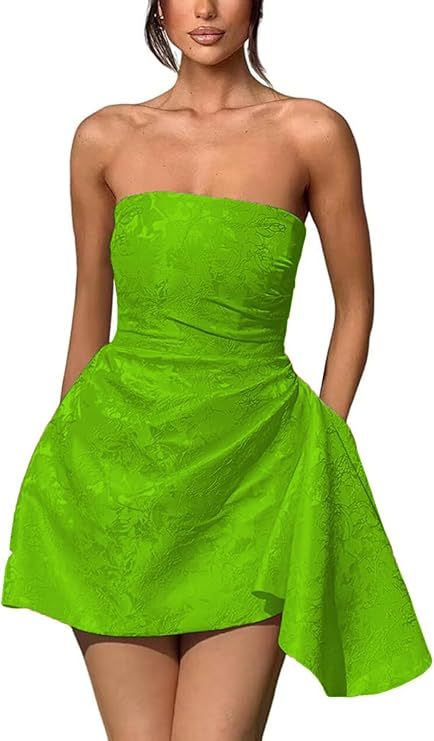 A-line Strapless Jacquard Satin Asymmetrical Lace up Sleeveless Short Homecoming Dress - CoCosBride