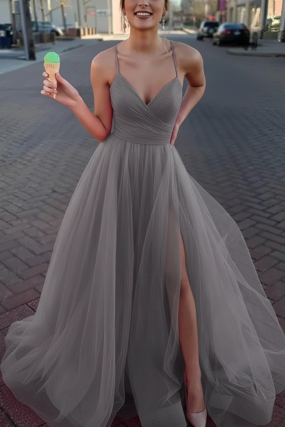 Long Spaghetti Straps V-neck A-Line Tulle Prom Dress With Side Slit