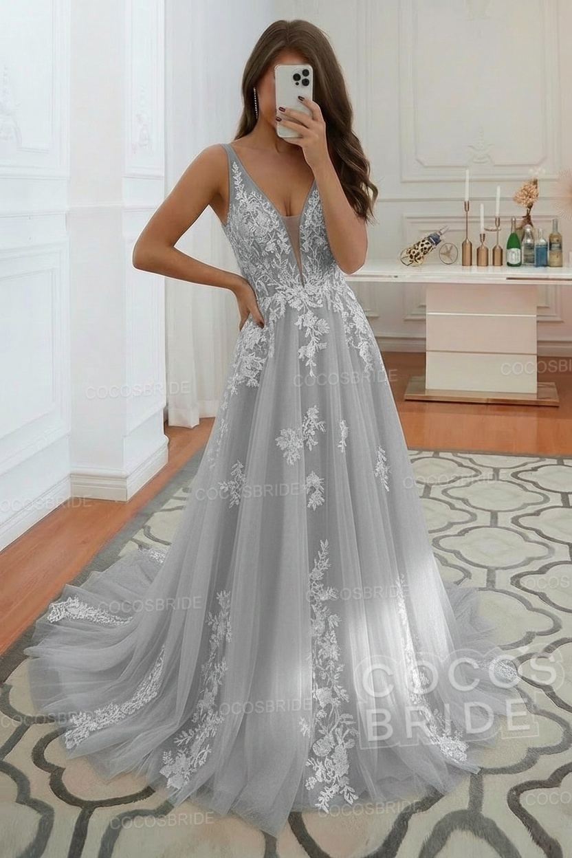 Long V-neck A-Line Floor Length Tulle Wedding Dress With Floral Lace