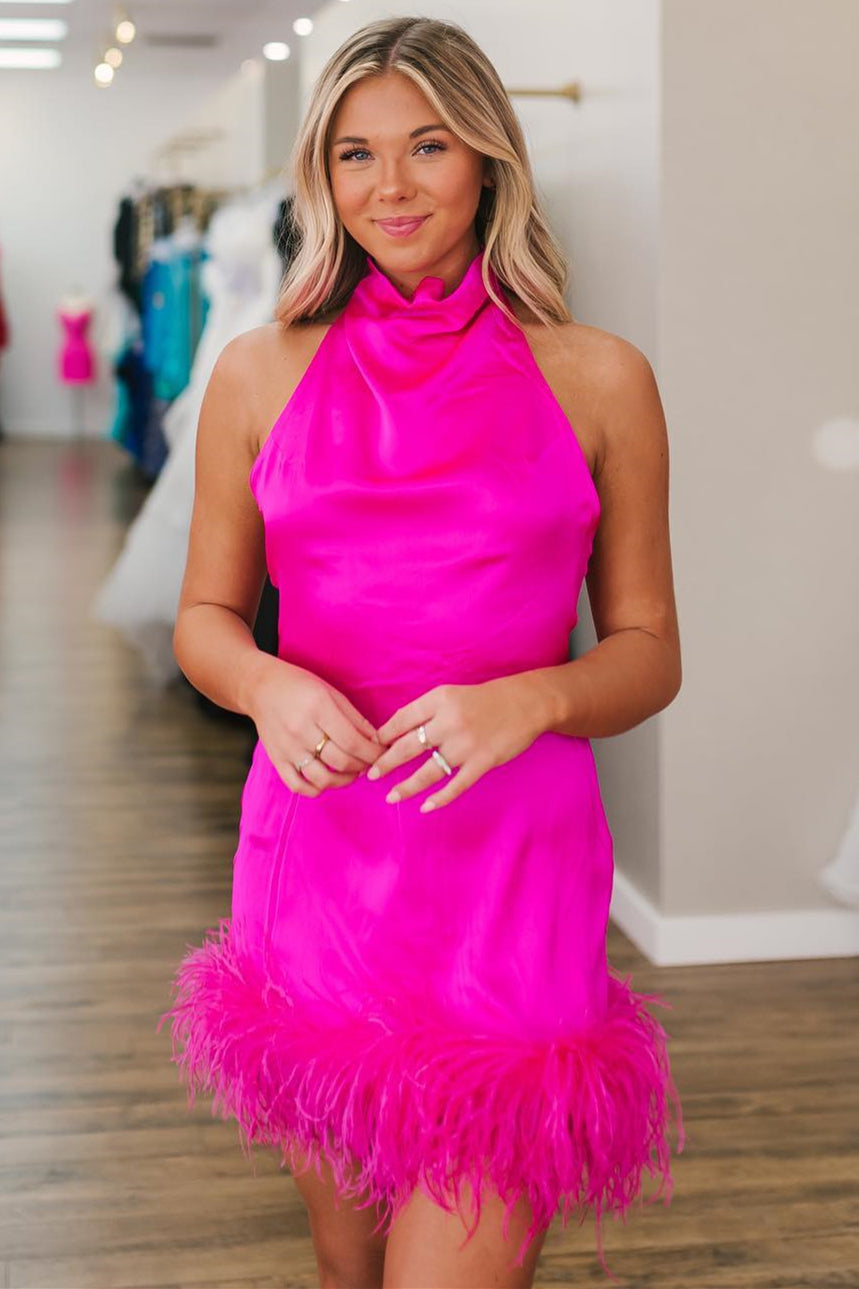 High Neck Fuchsia Short Mermaid Homecoming Dress with Feather Hem