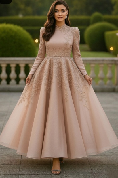 Elegant Long SleFeves A-line Formal Dress with Lace Applique