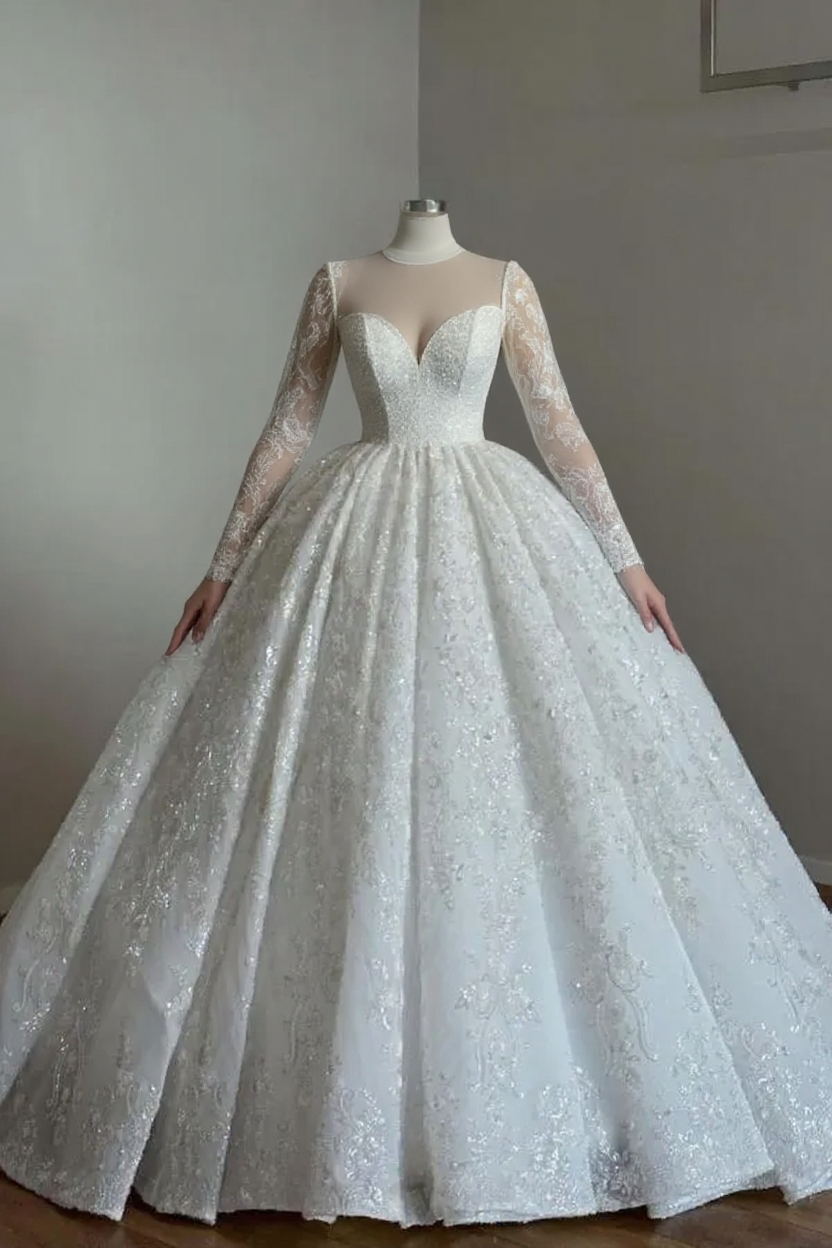 V-neck Long Sleeves Ball Gown Wedding Dresses with Lace Applique