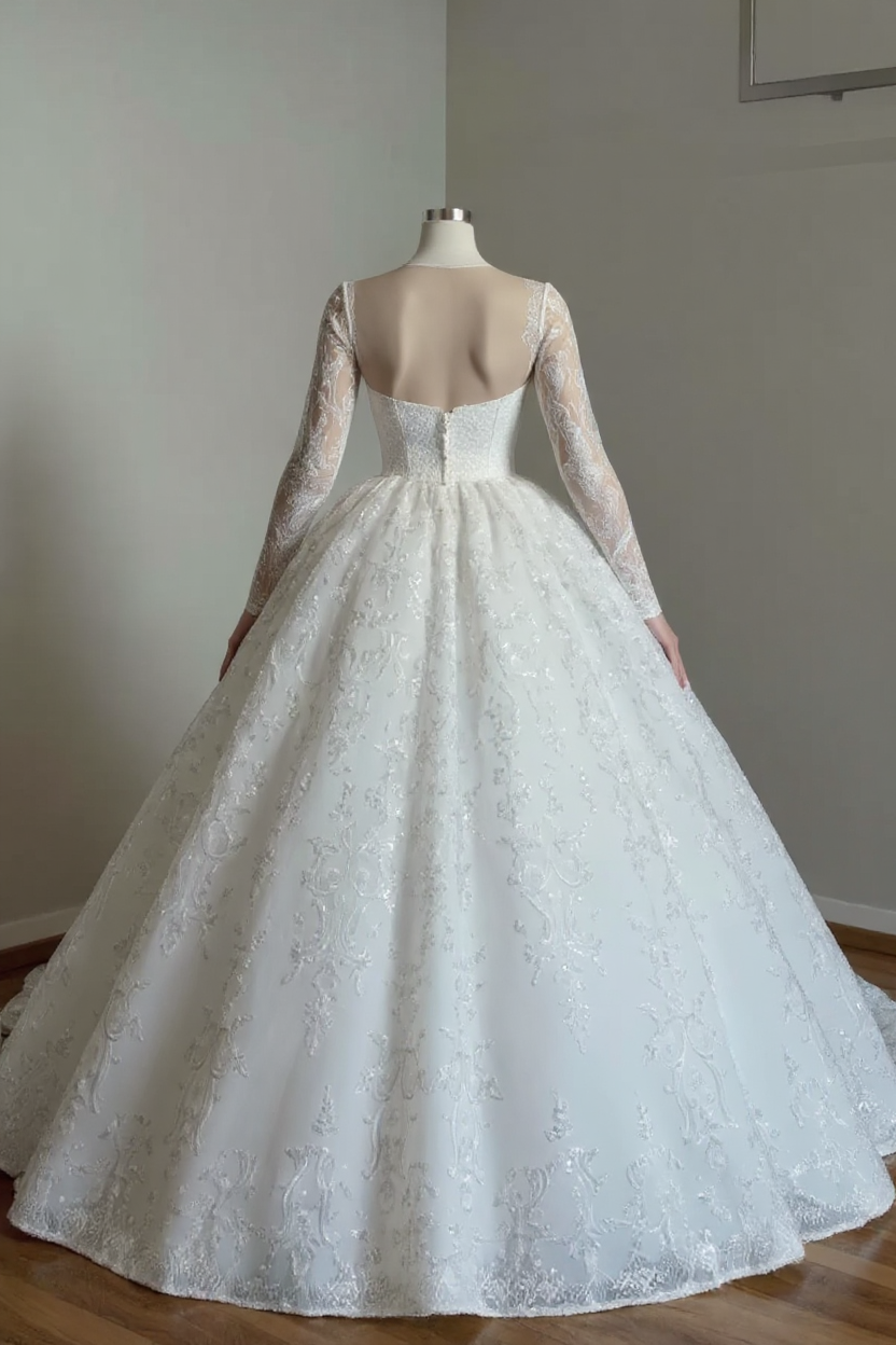 V-neck Long Sleeves Ball Gown Wedding Dresses with Lace Applique