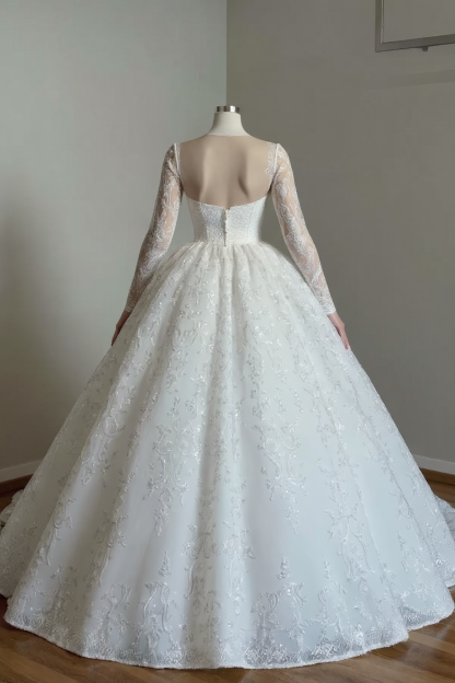 V-neck Long Sleeves Ball Gown Wedding Dresses with Lace Applique