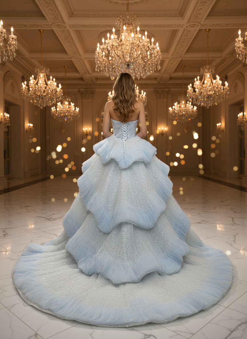 Beautiful Blue Strapless Long Sequined Ball Gown Prom Dress