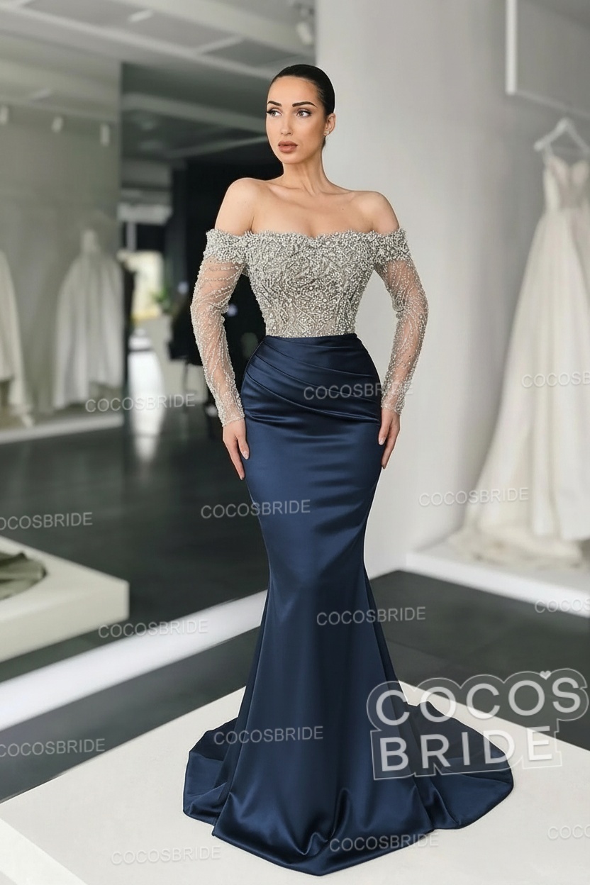 Long Mermaid Off the Shoulder Satin Prom Dress with Sleeves