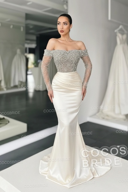 Long Mermaid Off the Shoulder Satin Prom Dress with Sleeves