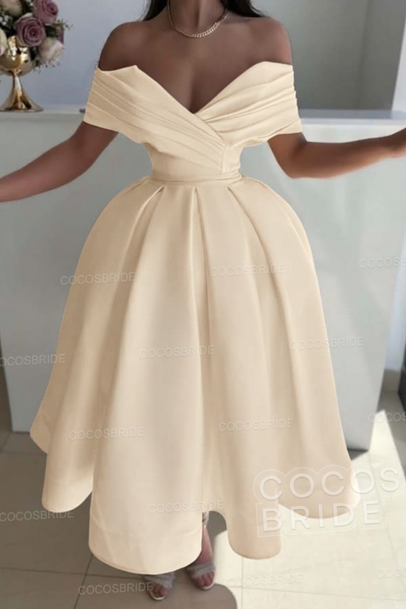Off the Shoulder A-Line Satin Prom Dress with Pleated
