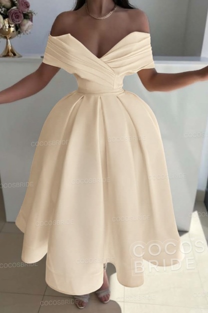 Off the Shoulder A-Line Satin Prom Dress with Pleated