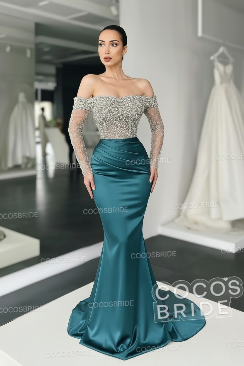 Long Mermaid Off the Shoulder Satin Prom Dress with Sleeves