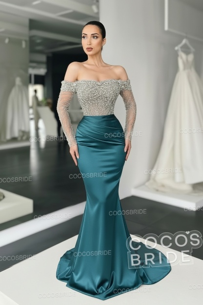 Long Mermaid Off the Shoulder Satin Prom Dress with Sleeves