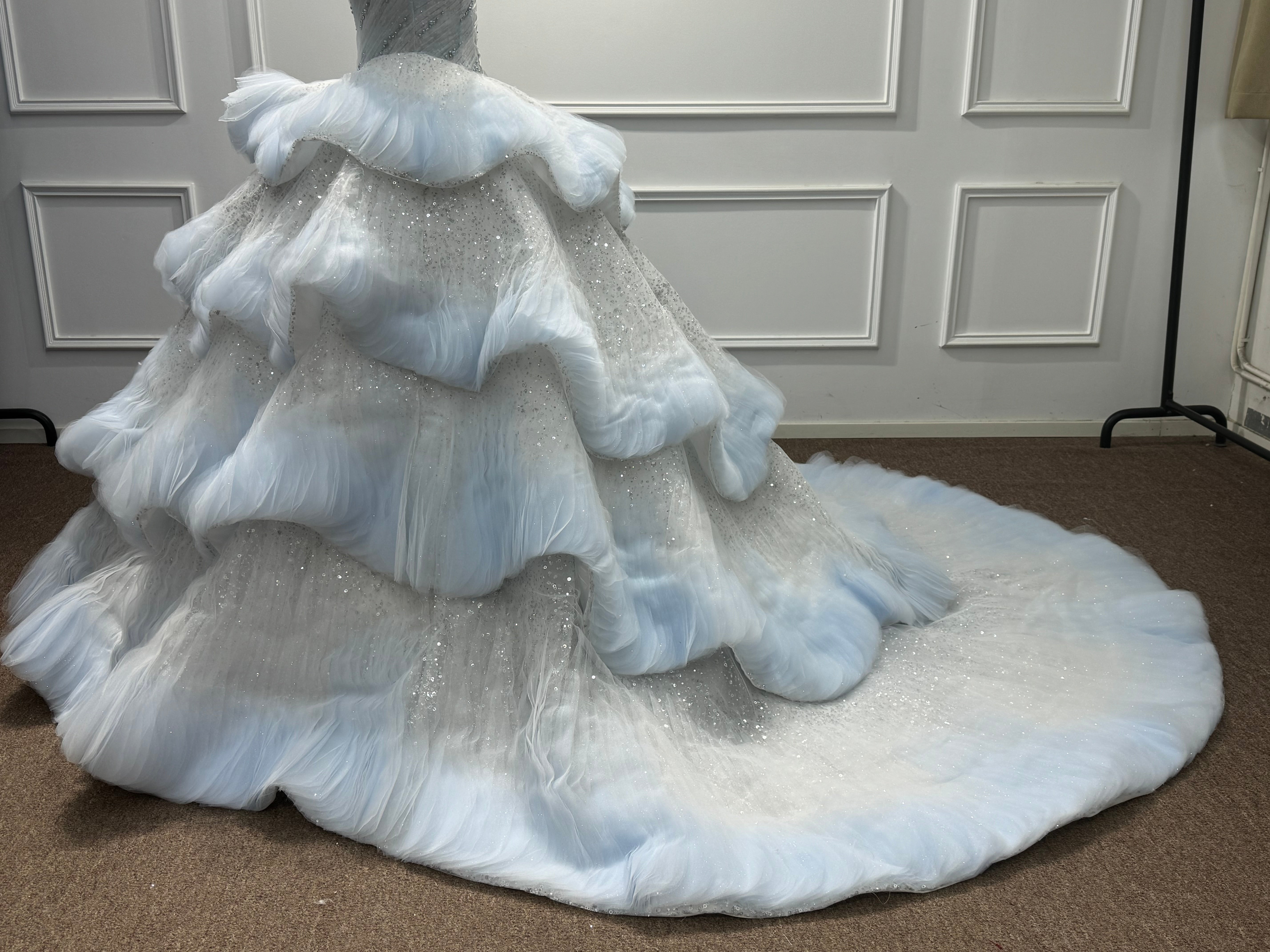 Beautiful Blue Strapless Long Sequined Ball Gown Prom Dress